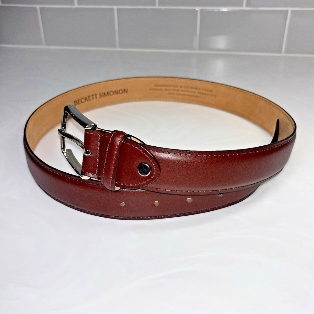 Beckett Simonon Men's Size 34 Dark Cherry Brown Full Grain Leather Buckle Belt